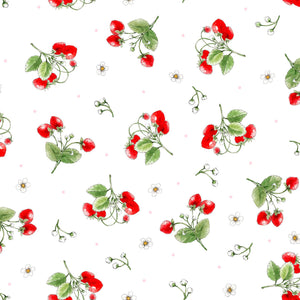 Strawberry Season Berry Sprig Toss White - Briar Hill Designs Robert Kaufman Fabrics